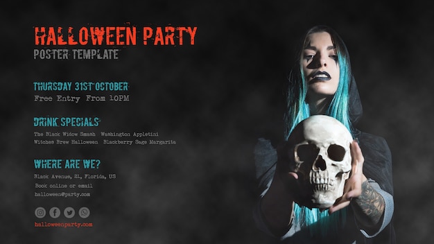 Free PSD blue haired girl holding a skull halloween party