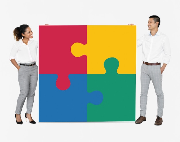 Free PSD businesspeople connecting jigsaw puzzle pieces