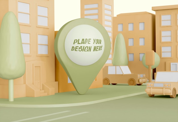 Free PSD cartoon city with map pointer mockup