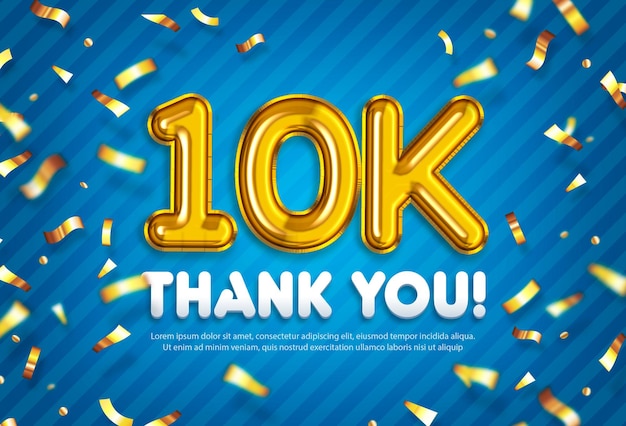 Free PSD celebration banner for 10 k followers with gold confetti and blue background