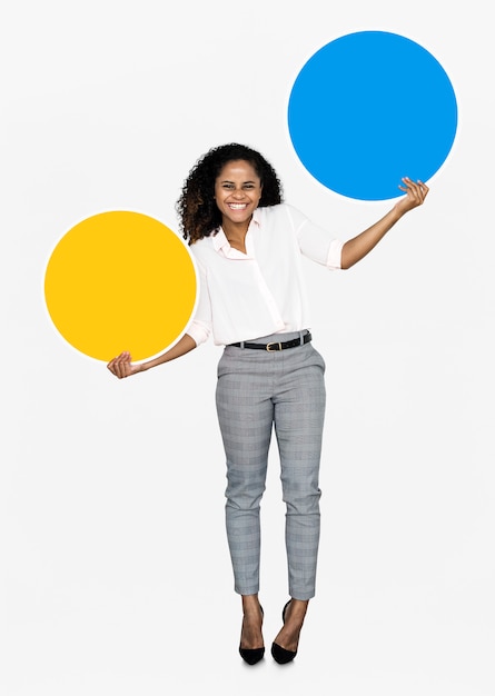 Free PSD cheerful woman holding colorful round boards