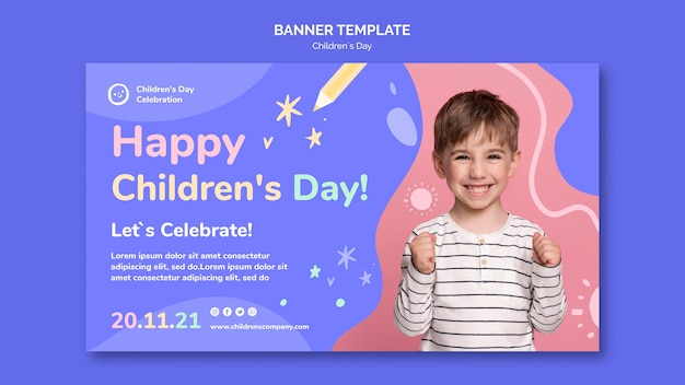 Free PSD children's day horizontal banner template with colorful details