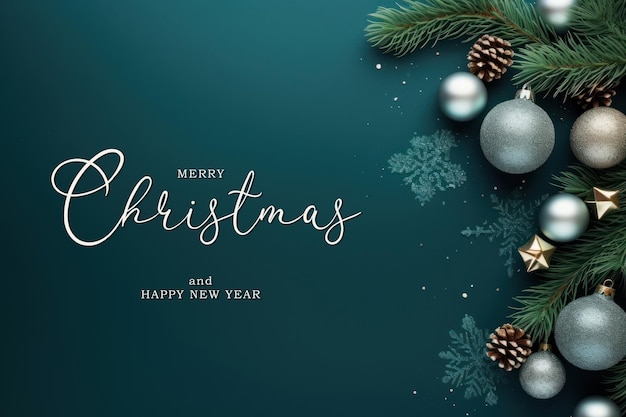 Free PSD christmas background with fir tree branches and silver baubles on dark green background