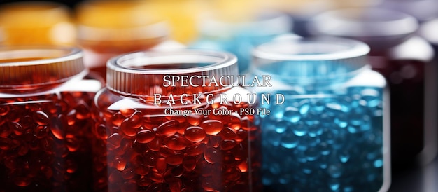 Free PSD closeup of colorful capsules in glass bottles on black background