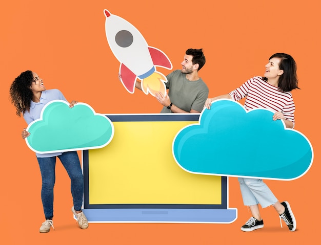 Free PSD cloud storage and innovation concept shoot featuring a rocket icon