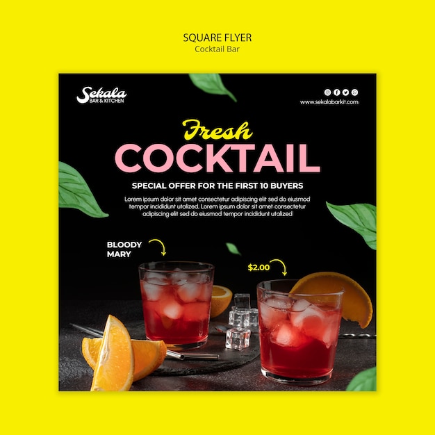 Free PSD cocktail bar with delicious drinks square flyer