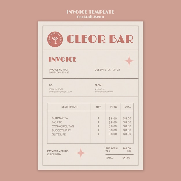 Free PSD cocktail menu invoice design template