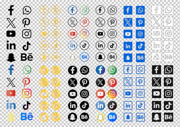 Complete collection of social media logos on transparent background