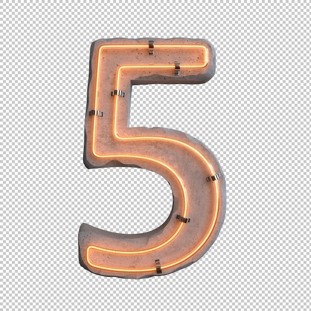 Free PSD concrete neon light number 5 on transparent background