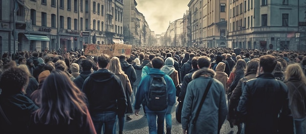 Free PSD crowd of people protesting together walking in the city generative ai