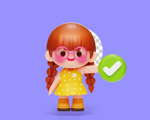 Free PSD cute girl kid child hold check mark button cartoon 3d character