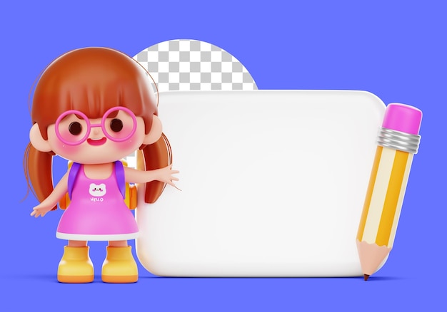 Free PSD cute girl or kid with blank banner and pencil 3d illustration character