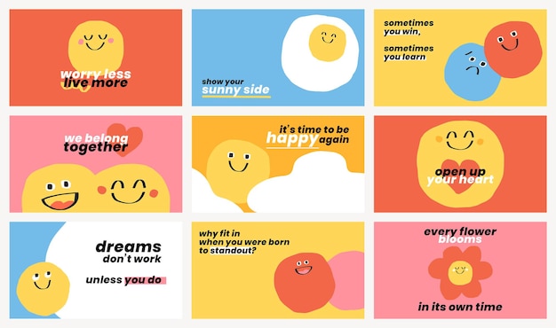 Free PSD cute positive quotes templates psd doodle smiley emoticons banner set