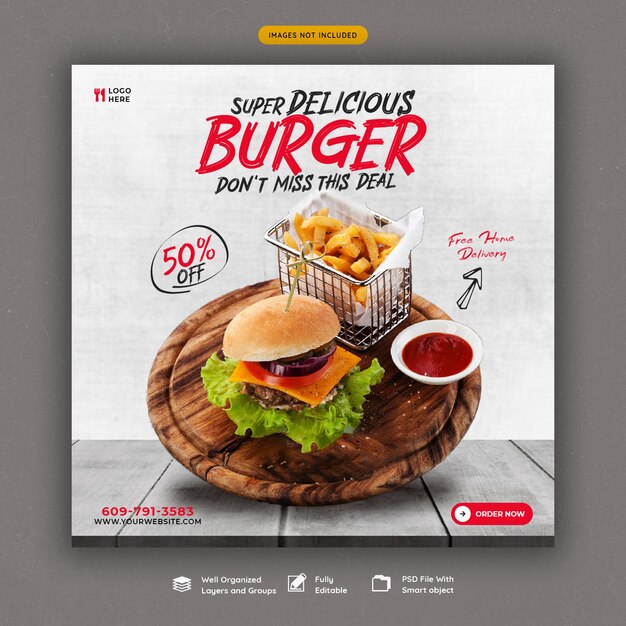 Delicious burger and food menu social media banner template