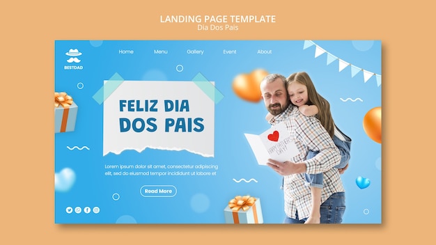 Dia dos pais landing page template with balloons and hearts