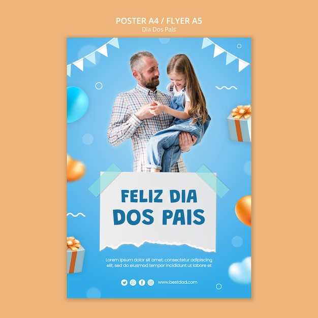 Dia dos pais vertical poster template with balloons and hearts