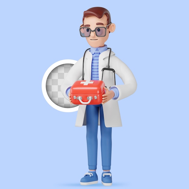 Free PSD doctor holds a first aid kit 3d illustration