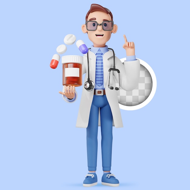 Free PSD doctor is holding a lot of pills 3d illustration