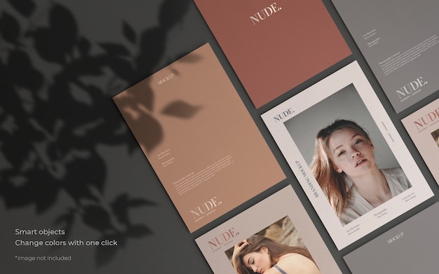 Free PSD elegant brochure collection mockup with botanical shadow