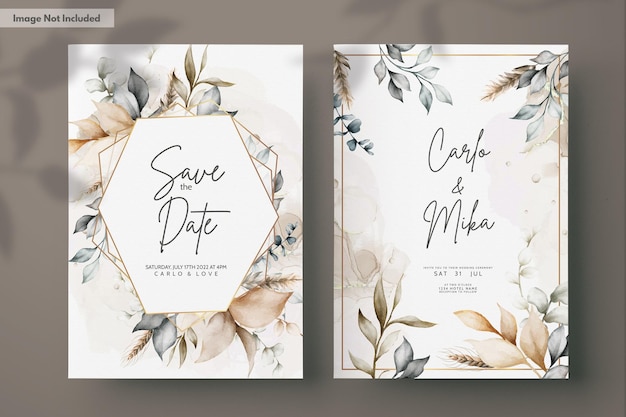 Free PSD elegant brown leaves watercolor wedding card template