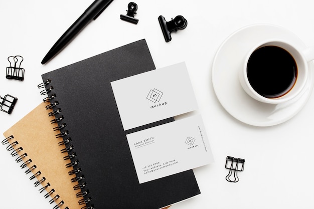 Free PSD elegant business desktop with visit card mockup on white background