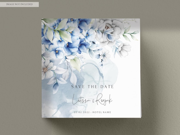 Free PSD elegant wedding invitation card with beautiful grey and blue floral arrangement