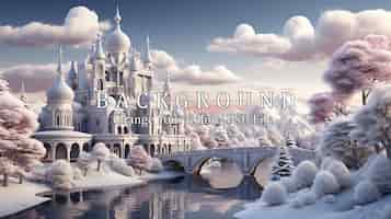 Free PSD fairytale winter landscape with castle and christmas tree