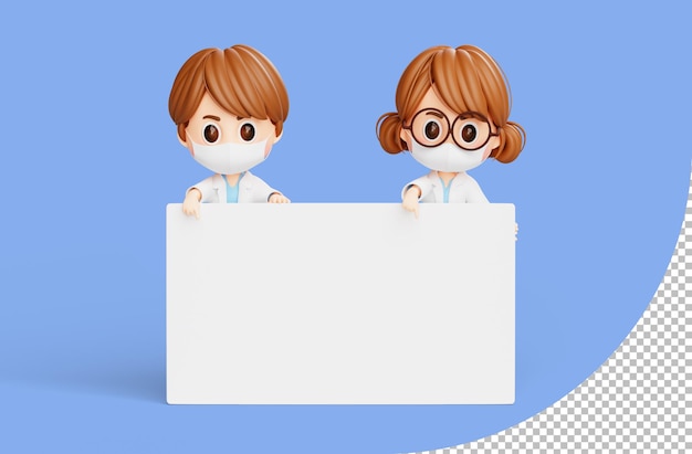 Female doctor and male doctor pointing at empty sign banner 3d illustration cartoon character