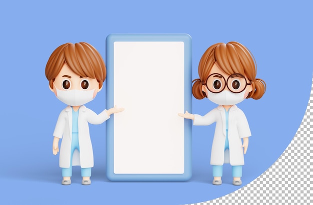 Free PSD female doctor and male doctor standing with smartphone 3d illustration cartoon character