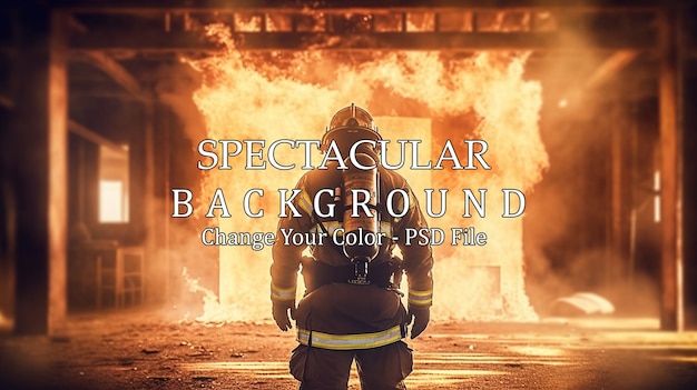 Free PSD firefighter works in burning building fireman on flame background