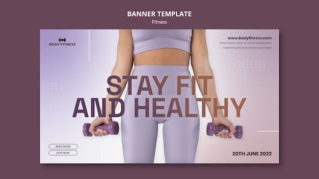 Free PSD fitness horizontal banner template with woman and dumbells