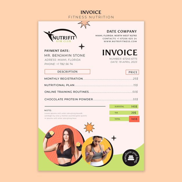 Fitness nutrition invoice template