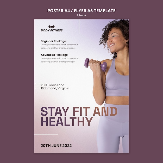 Fitness vertical poster template with woman and dumbells