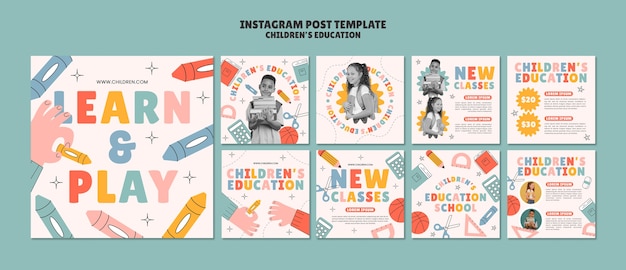 Free PSD flat design children's education  instagram posts