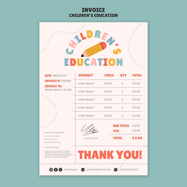 Free PSD flat design children's education invoice template