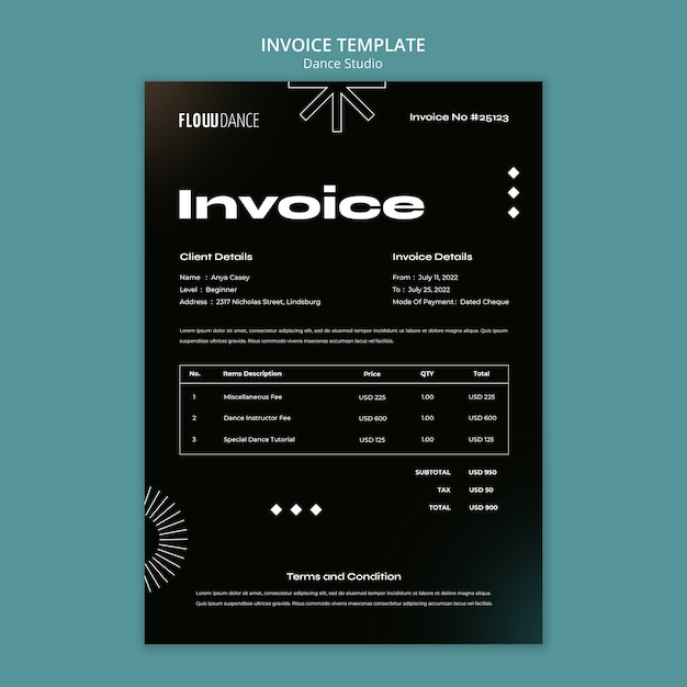 Flat design dance studio invoice template