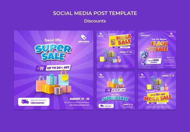 Free PSD flat design discount instagram posts template