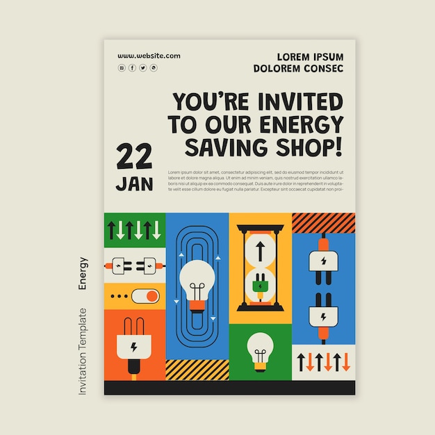 Free PSD flat design energy reduce invitation template