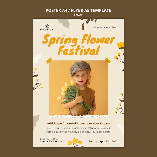 Free PSD flat design floral poster or fllyer design template