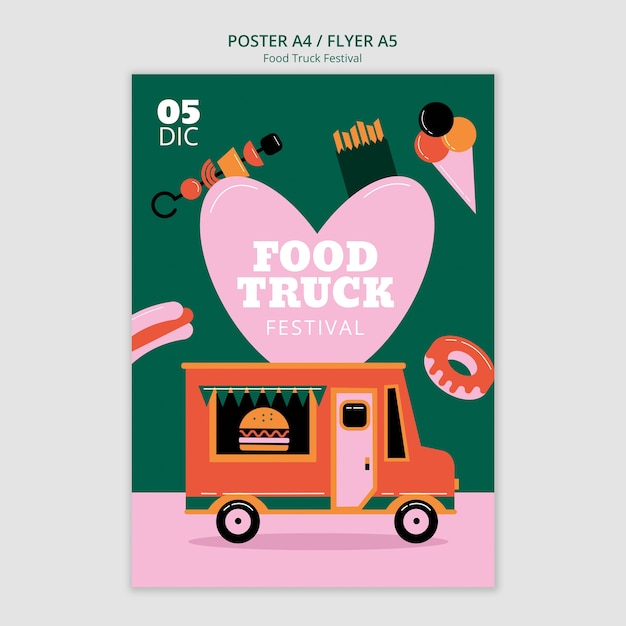 Free PSD flat design food truck festival poster template