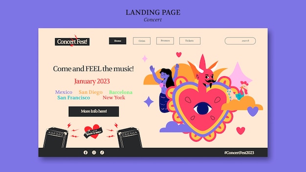 Free PSD flat design music concert landing page template