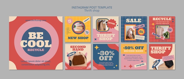 Free PSD flat design thrift store instagram posts