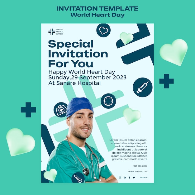 Free PSD flat design world heart day invitation template