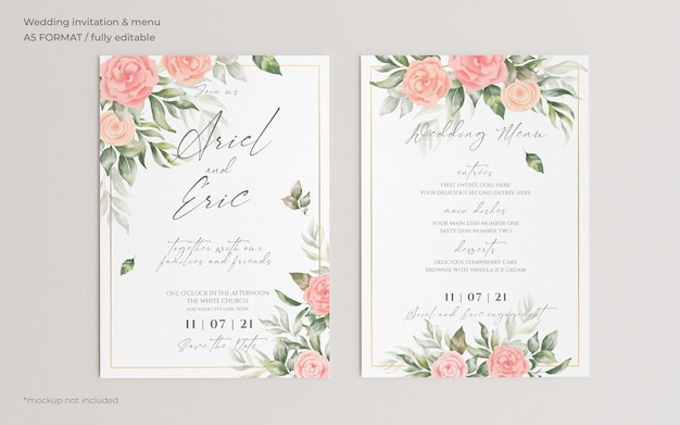 Free PSD floral wedding invitation and menu template