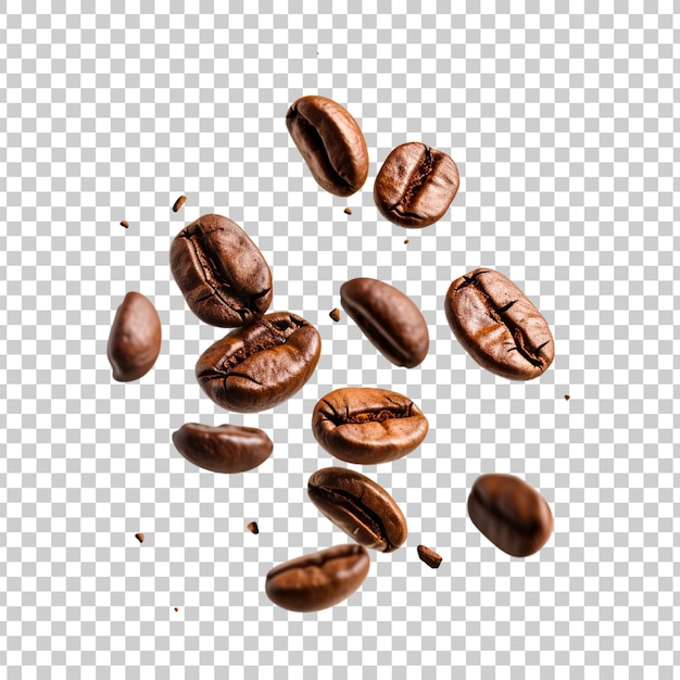 Free PSD flying and falling fresh coffee beans on a transparent background