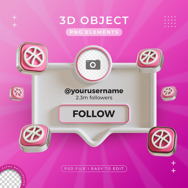 Free PSD follow us on dribbble profile social media 3d render isolated for composition