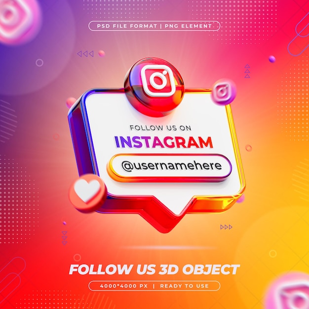 Free PSD follow us on instagram isolated 3d render composition