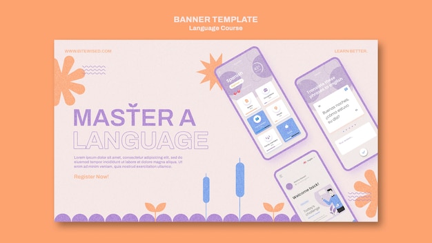 Free PSD foreign language classes horizontal banner template in floral style