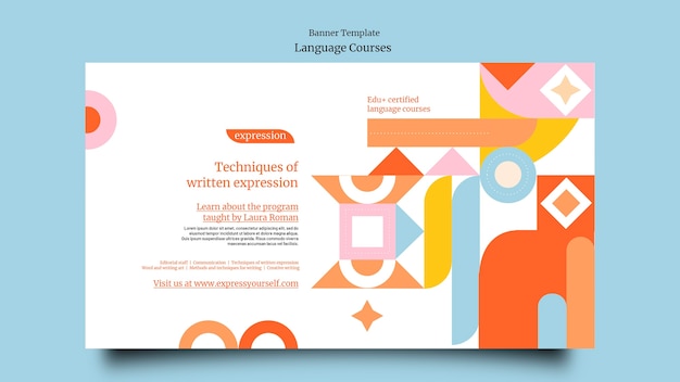 Free PSD foreign language classes horizontal banner template with geometric shapes