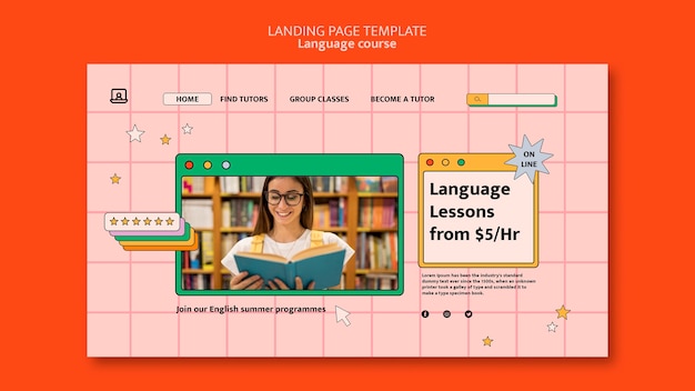 Foreign language classes landing page template in computer interface style